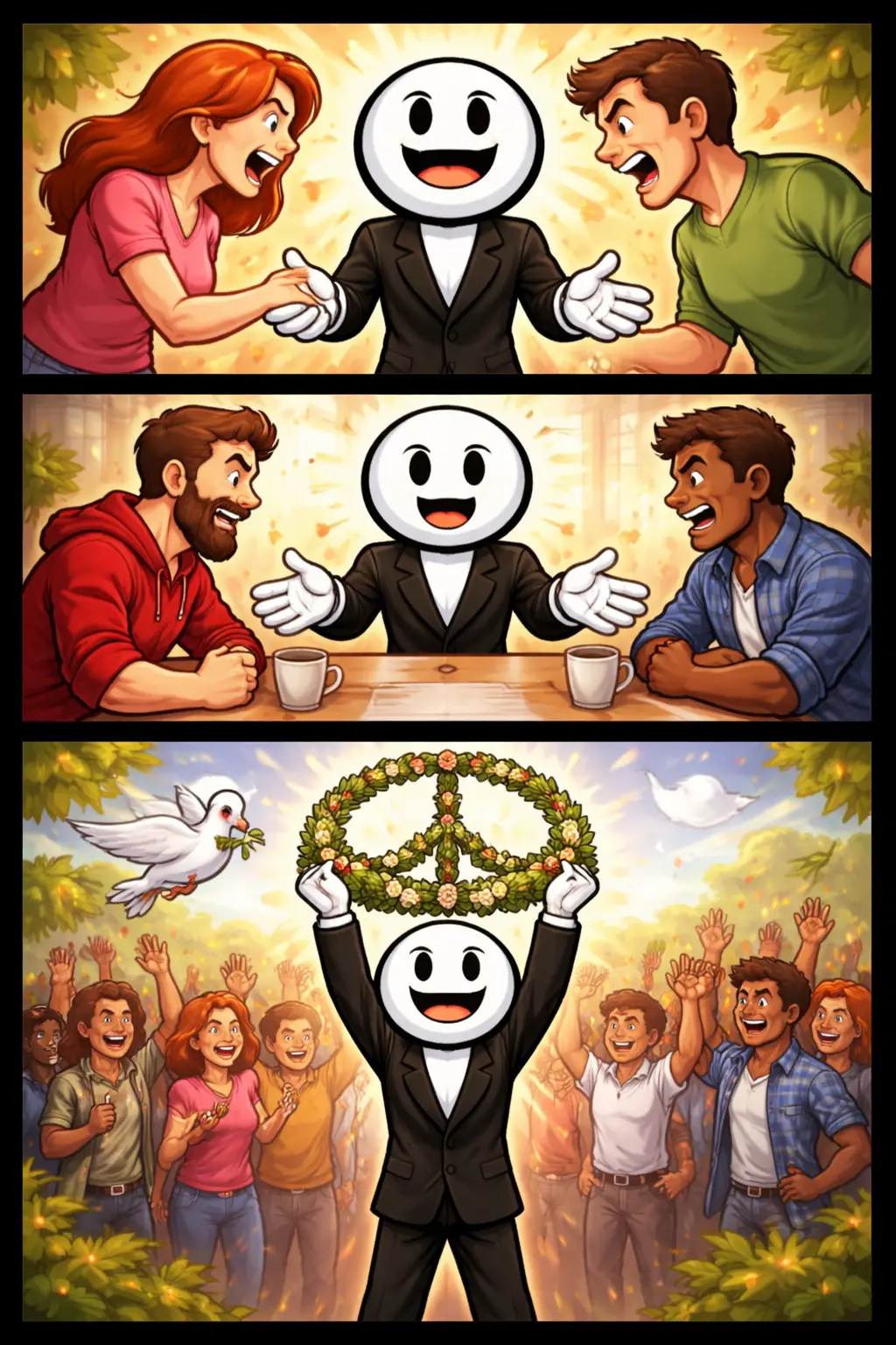 Stickman in Toonwords-stijl die in drie scènes laat zien hoe vrede wordt gehanteerd met rustige, verbindende gebaren.