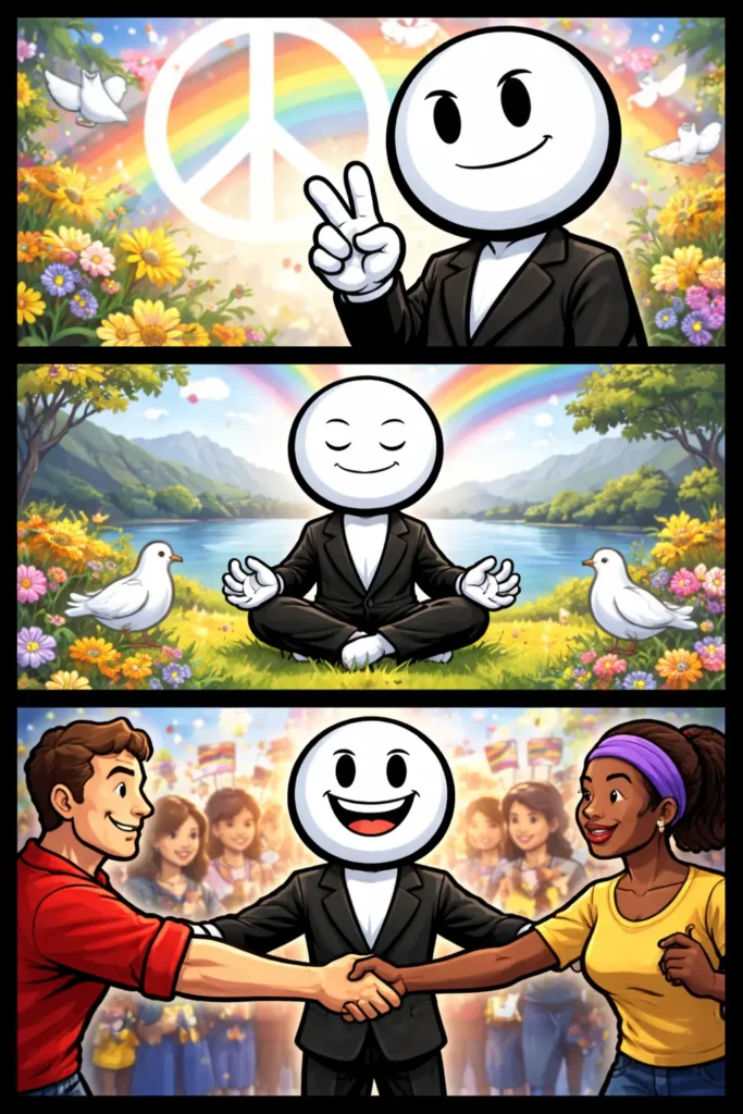 Stickman in Toonwords-stijl die in drie scènes laat zien wat vredelievend gedrag is.