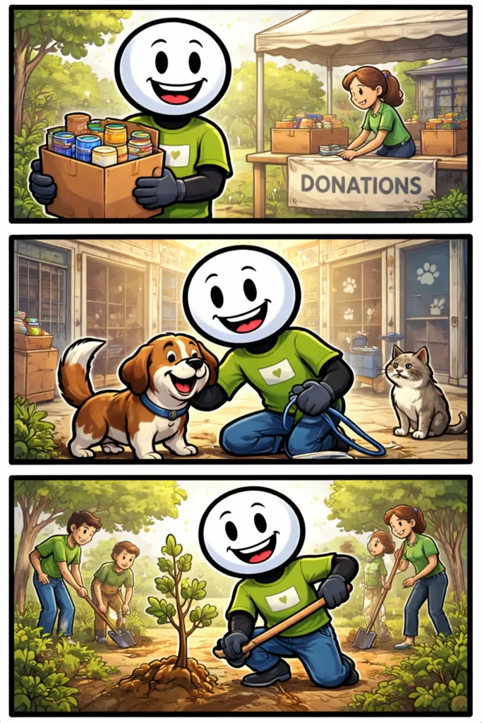 Stickman in drie panelen die vrijwilligerswerk doet — toonword vrijwilligerswerk.