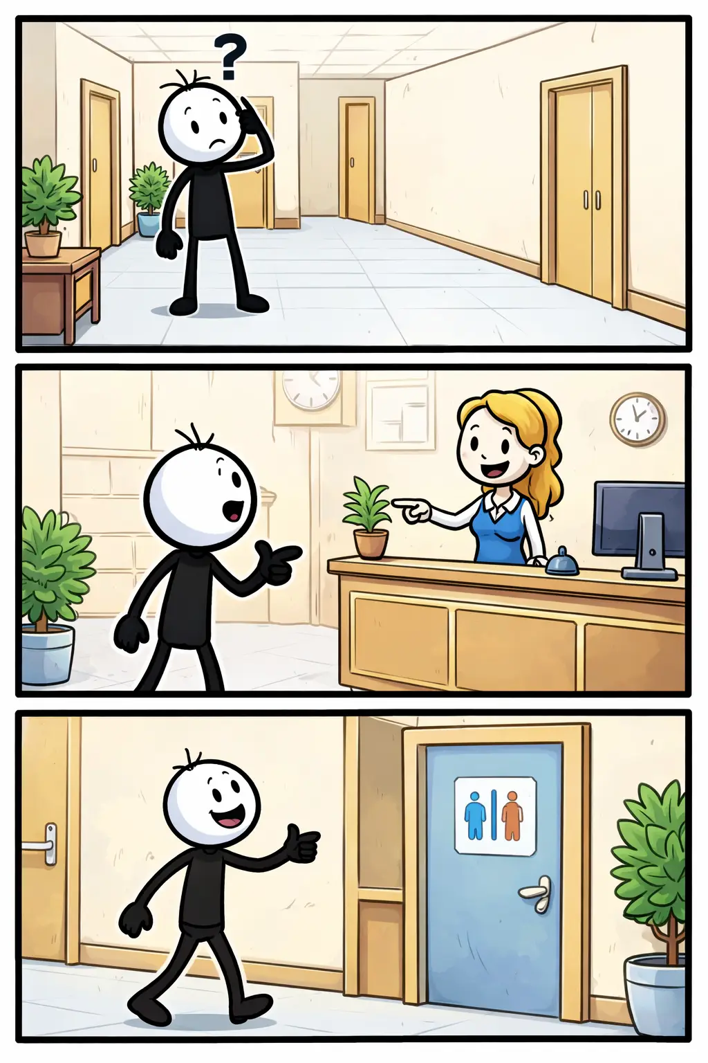 Stickman die in een gebouw zoekt naar het toilet in Toonwords-stijl.