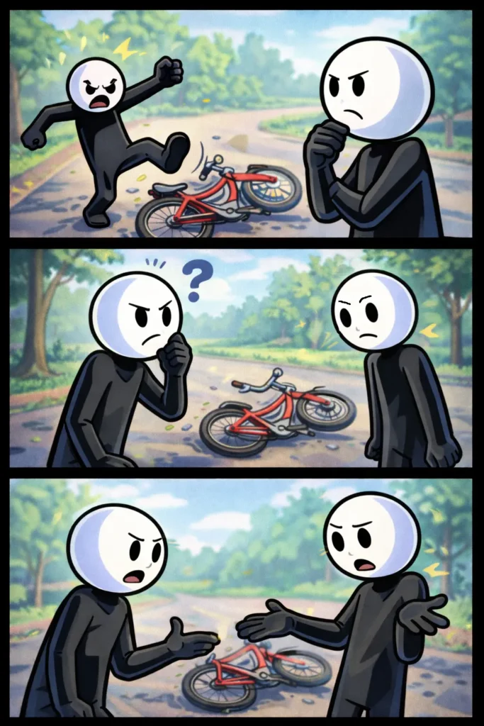Toonwords-strip met een stickman die ziet hoe iemand een fiets omtrapt, nadenkt en vervolgens met handgebaren vraagt waarom.