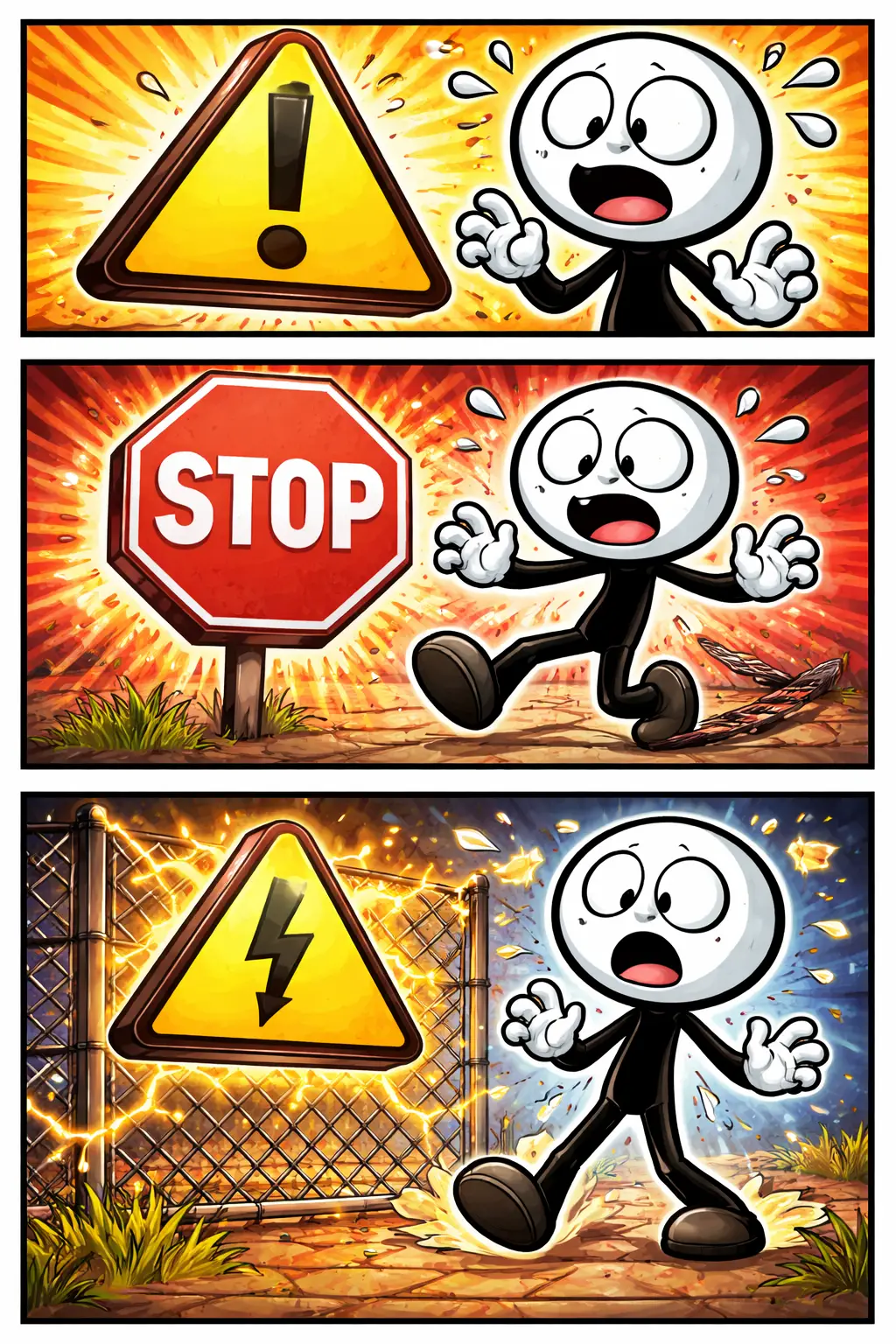 Stickman reageert op een waarschuwingsbord in een kleurrijke strip met drie panelen.