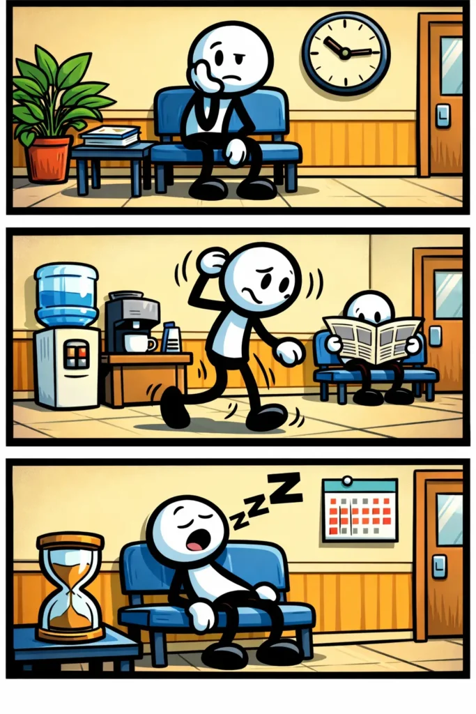 Stickman zit en wacht in een wachtruimte op een bank in drie opeenvolgende panelen.