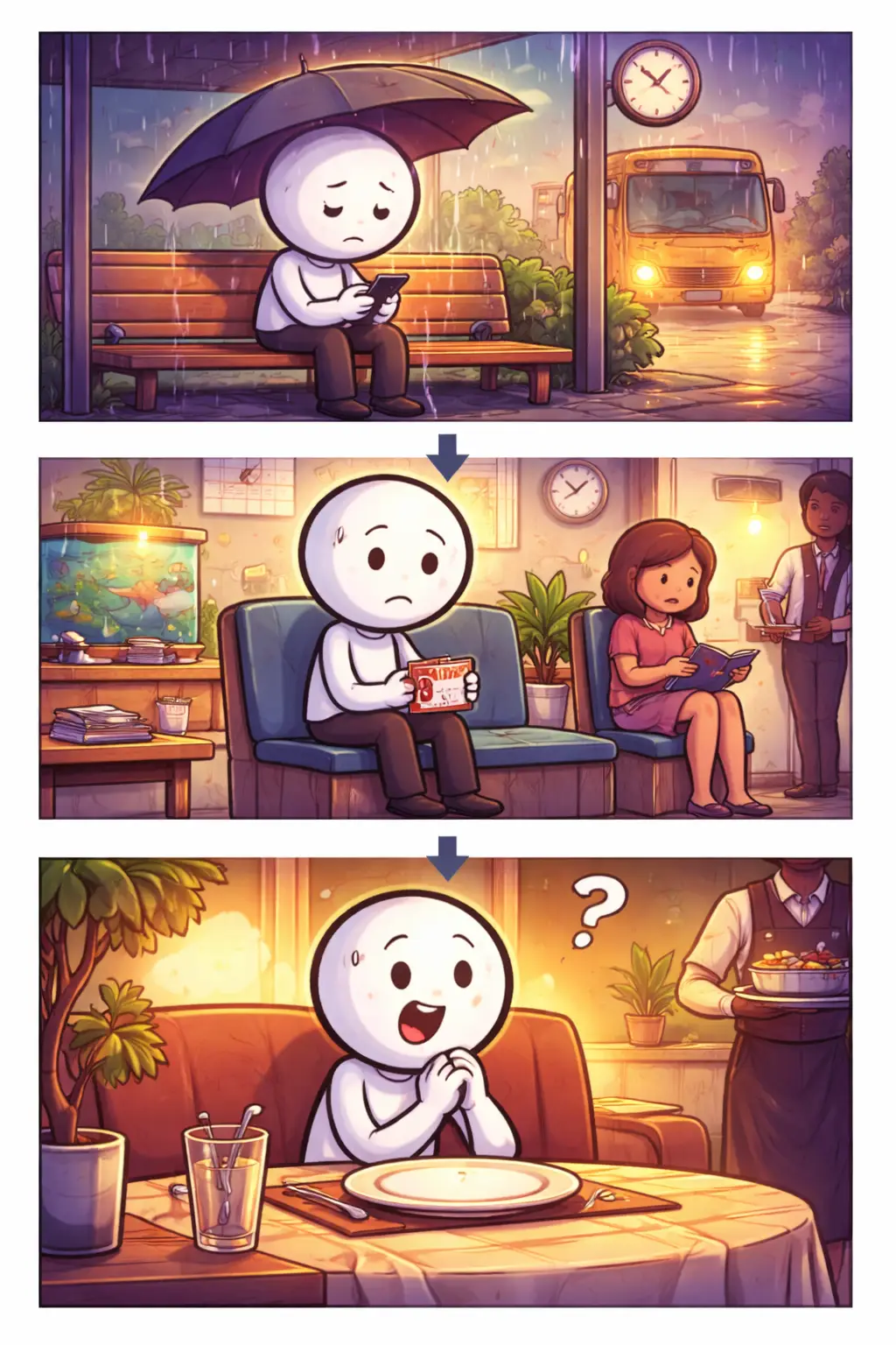 Stripafbeelding van een stickman in Toonwords-stijl die wachttijd ervaart, rustig wachtend terwijl de tijd verstrijkt.