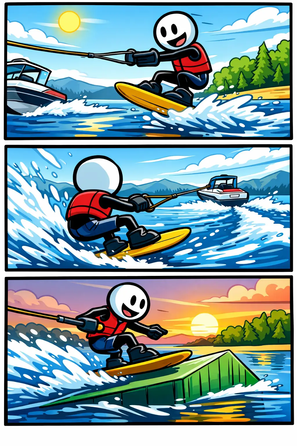 Stripafbeelding van een stickman die wakeboarden beoefent op het water in drie panelen.