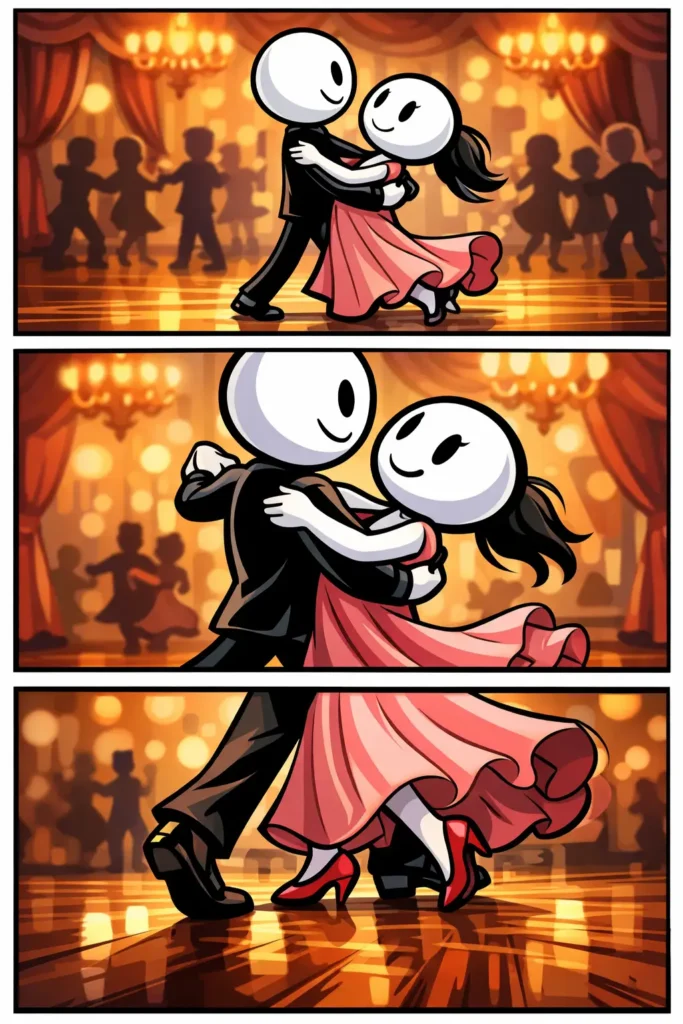 Stripafbeelding in Toonwords-stijl van een stickman-koppel dat de Wals danst, verdeeld over drie panelen met verschillende camerastandpunten en vloeiende bewegingen.