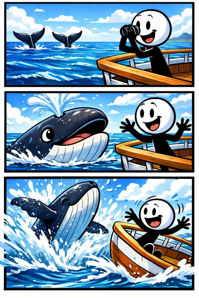stickman op een boot die een grote walvis ziet – walvis
