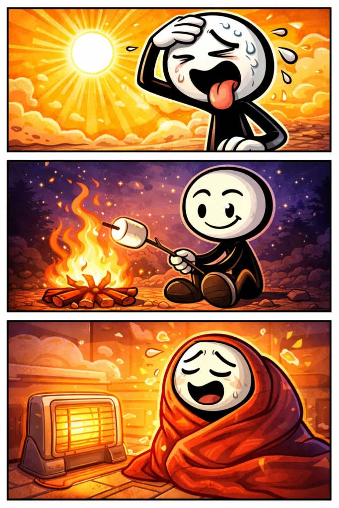 Stickman ervaart warm in een kleurrijke strip met drie panelen vol hitte en gezelligheid.