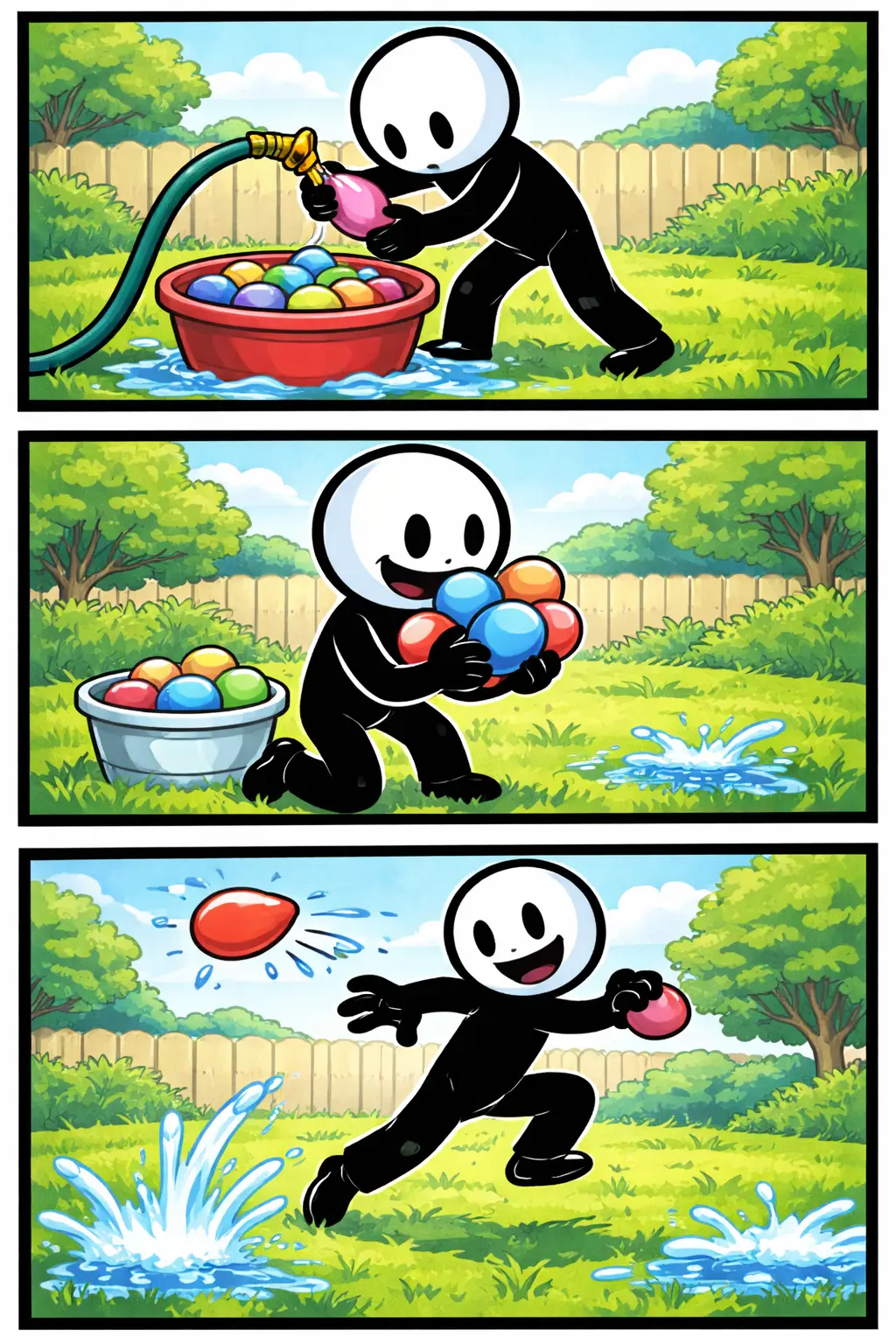 Stickman die deelneemt aan een watergevecht met waterballonnen in een zomerse buitenomgeving – Toonwords-stijl.