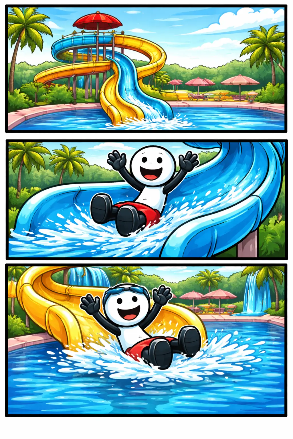 Drie-panelen stripafbeelding van een stickman die van een waterglijbaan glijdt en onderaan in het water plonst.