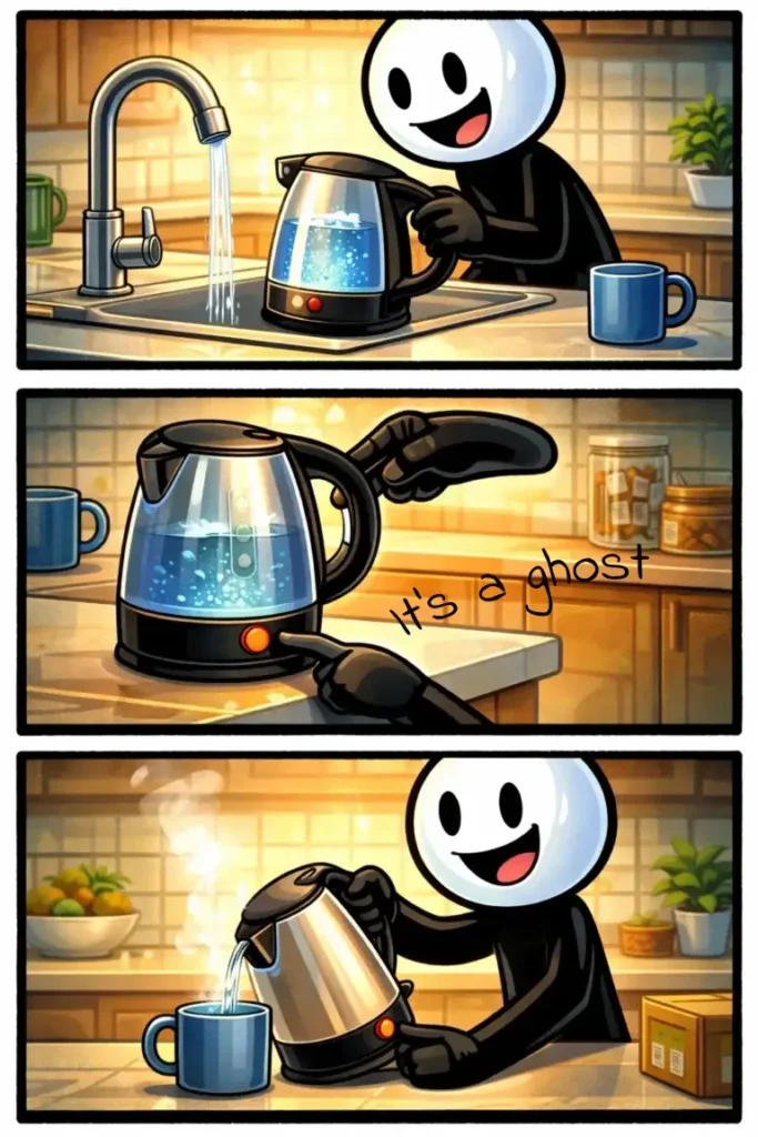 Stickman die een waterkoker gebruikt op een keukenblad, passend bij het woord waterkoker.