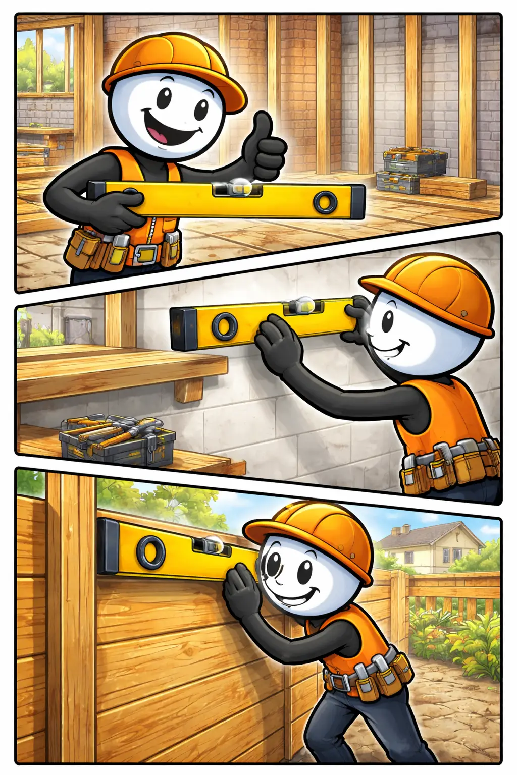 Toonwords-stripafbeelding van een stickman die met een waterpas controleert of een muur recht staat, bij het Nederlandse woord Waterpas.