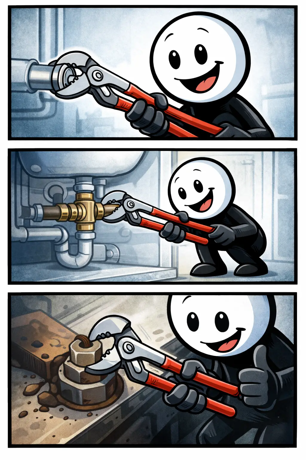 Stickman gebruikt een waterpomptang in drie verschillende scènes — leidingen en moeren vastgrijpen in Toonwords-stijl, Waterpomptang.