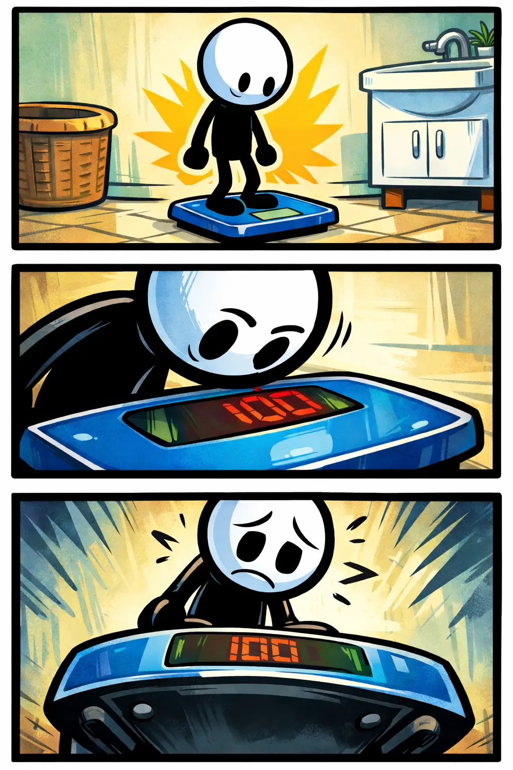 Stickman staat op een blauwe weegschaal en kijkt naar het display met het woord “weegschaal”.