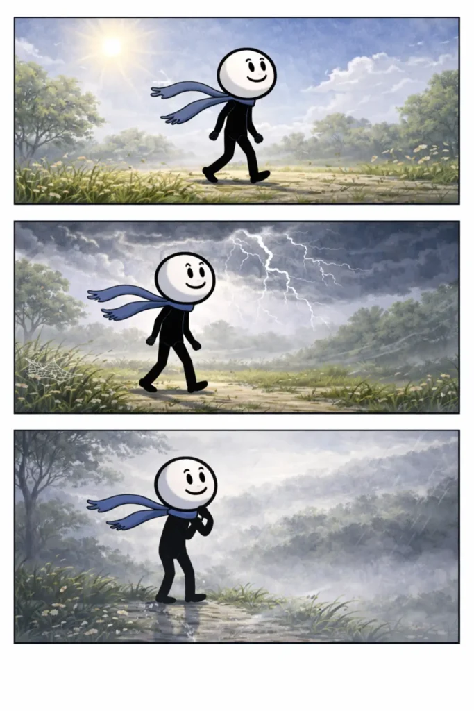 Drie panelen stripillustratie in Toonwords-stijl van een stickman waarbij het weer zichtbaar omslaat van rustig naar anders, passend bij het woord weersomslag.