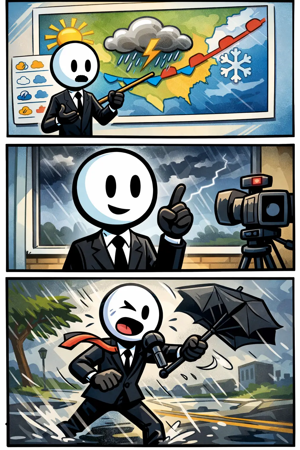 Toonwords-strip met een stickman als meteoroloog die een weerkaart aanwijst en zo de weersverwachting uitlegt.