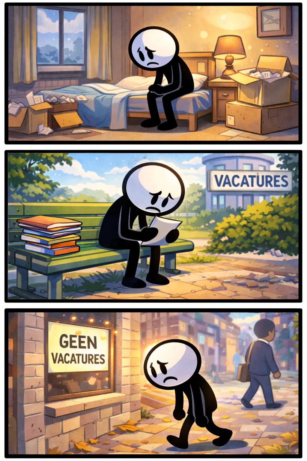 Drie-panelen stripafbeelding in Toonwords-stijl van een stickman die werkeloos is en nadenkend in een rustige omgeving staat.