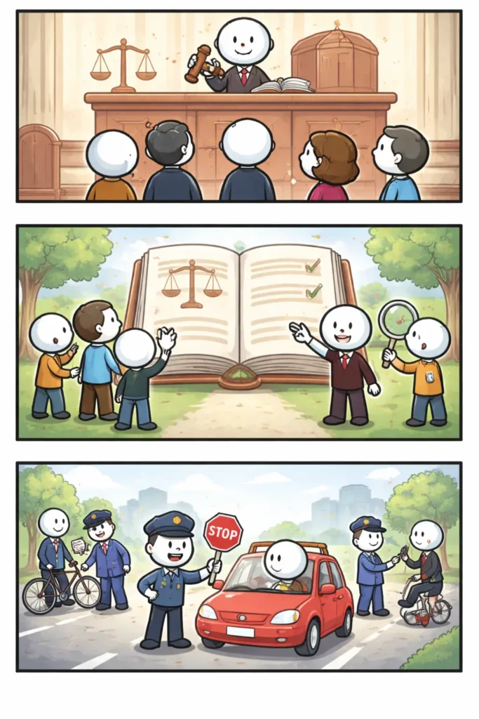 Driepanelige stripafbeelding met stickman in Toonwords-stijl over Wet, waarin regels, uitleg en handhaving van wetten worden uitgebeeld.