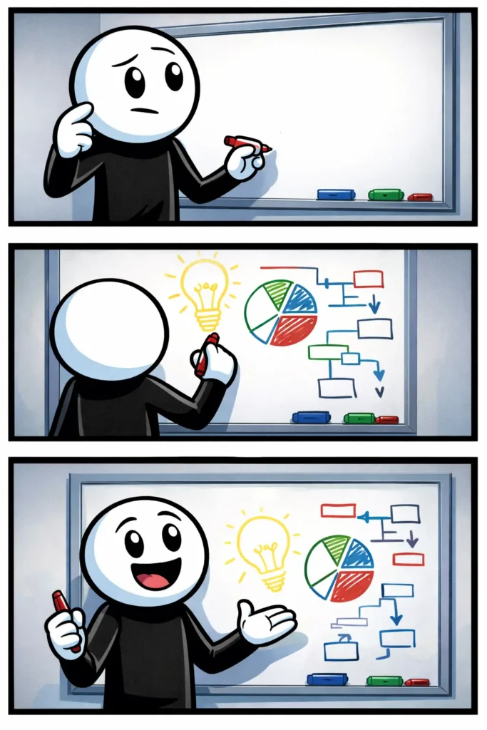 Stickman die voor een whiteboard staat en iets tekent – Whiteboard.