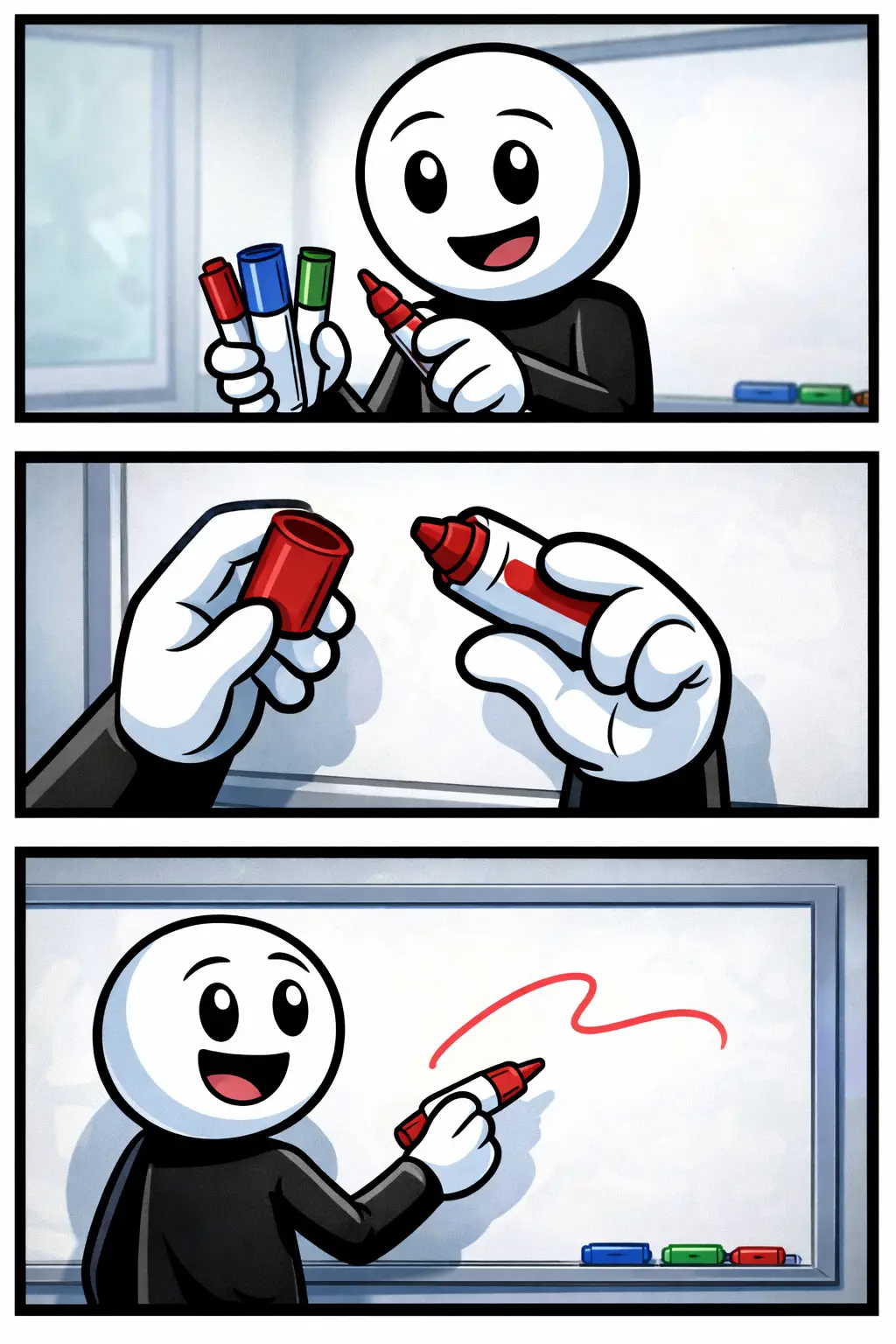 Stickman die een whiteboardstift vasthoudt en ermee tekent – Whiteboardstift.