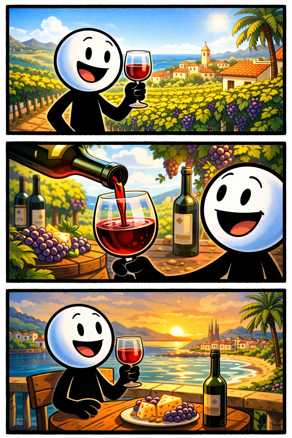 Toonwords-afbeelding van een stickman met een glas wijn in een Spaans stadje, passend bij het woord wijn.