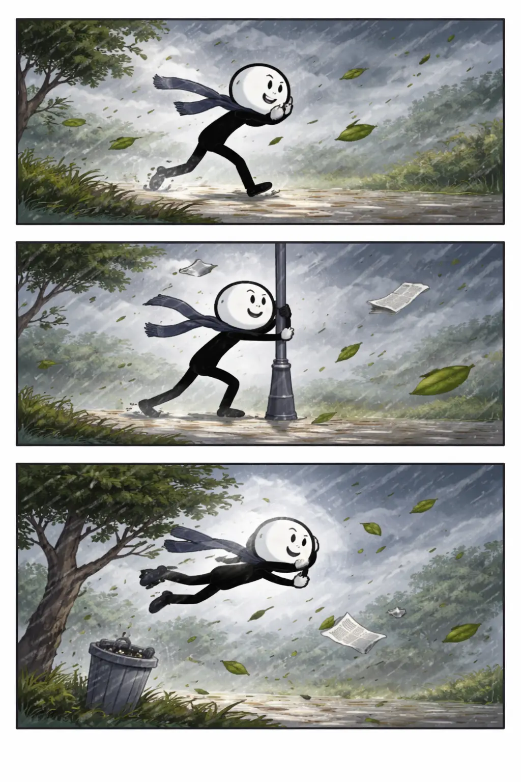 Drie panelen stripillustratie in Toonwords-stijl van een stickman die verrast wordt door een plotselinge windvlaag die bladeren en lucht in beweging brengt.