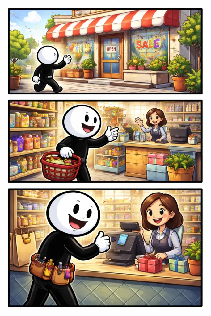 Toonwords-strip met een stickman bij een winkelpand, gezien van buiten, bij de ingang en binnen in de winkel.