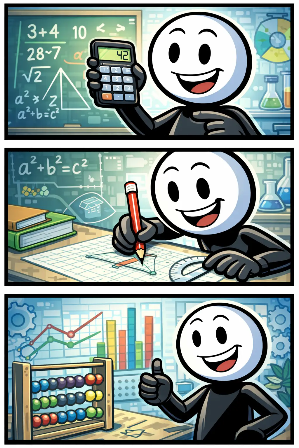 Een stripafbeelding met drie panelen waarin een vrolijke stickman verschillende wiskundige elementen onderzoekt, zoals vormen, getallen en formules, weergegeven in kleurrijke Toonwords-stijl.