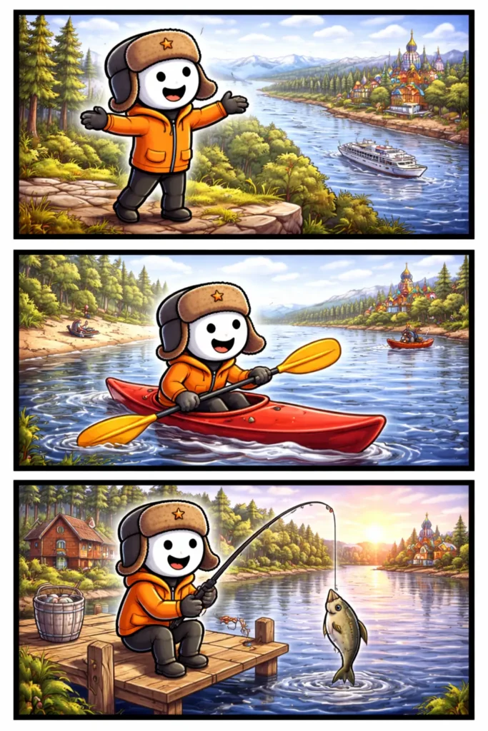 Stickman in Toonwords-stijl bij de brede rivier de Wolga, met stromend water, oevers en het woord Wolga als thema.