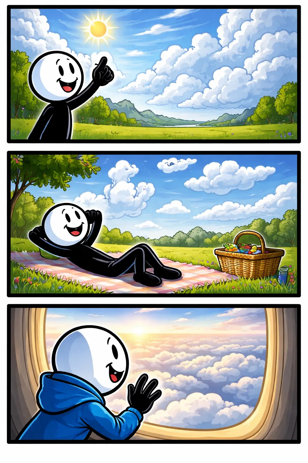 Stickman kijkt naar een uitgestrekt wolkendek dat in drie verschillende scènes en cameraposities wordt getoond.