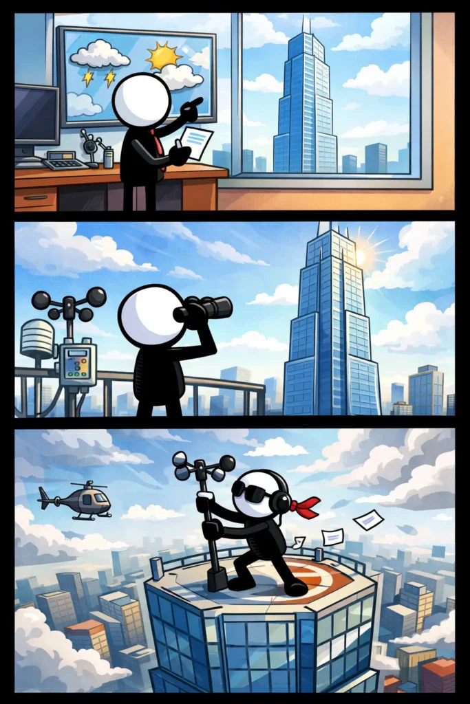 Toonwords-strip met een stickman als meteoroloog boven op een wolkenkrabber die hoog boven de stad uittorent.