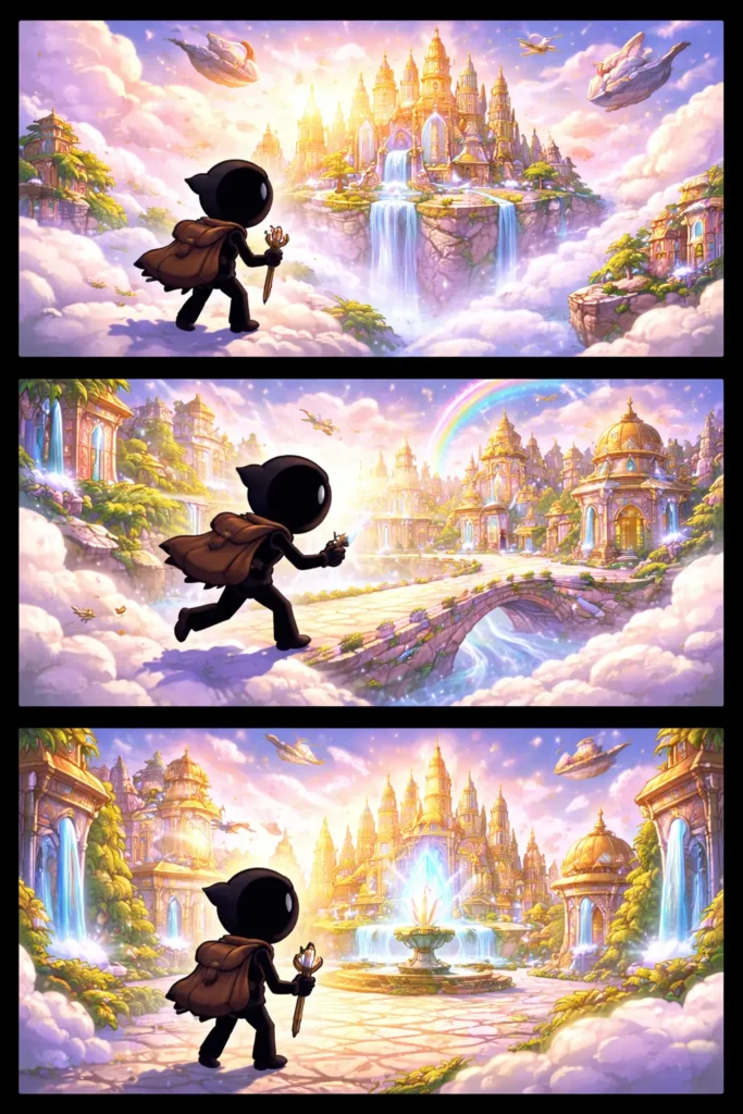 Stripafbeelding van een stickman die door een zwevende Wolkenstad loopt tussen zachte wolken en luchtbruggen.