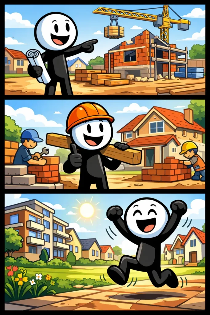 Stickman bij woningbouw: drie panelen onder elkaar waarin Stick betrokken is bij het bouwen van nieuwe huizen in verschillende fases.