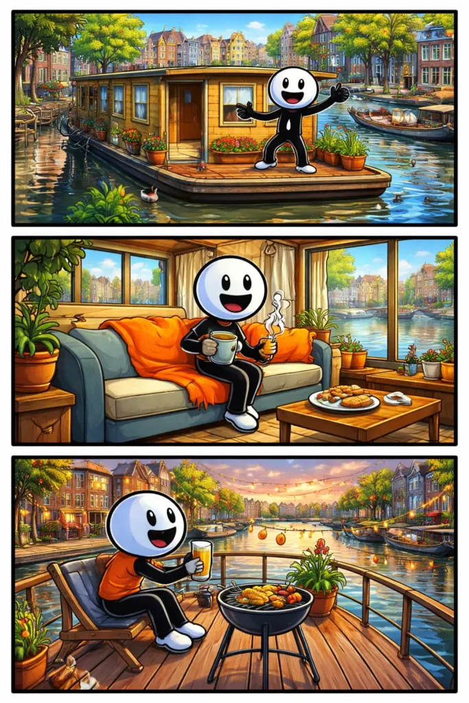 Stripafbeelding van een stickman bij een woonboot op het water in Nederland met huizen langs de kade en reflecties in het water.