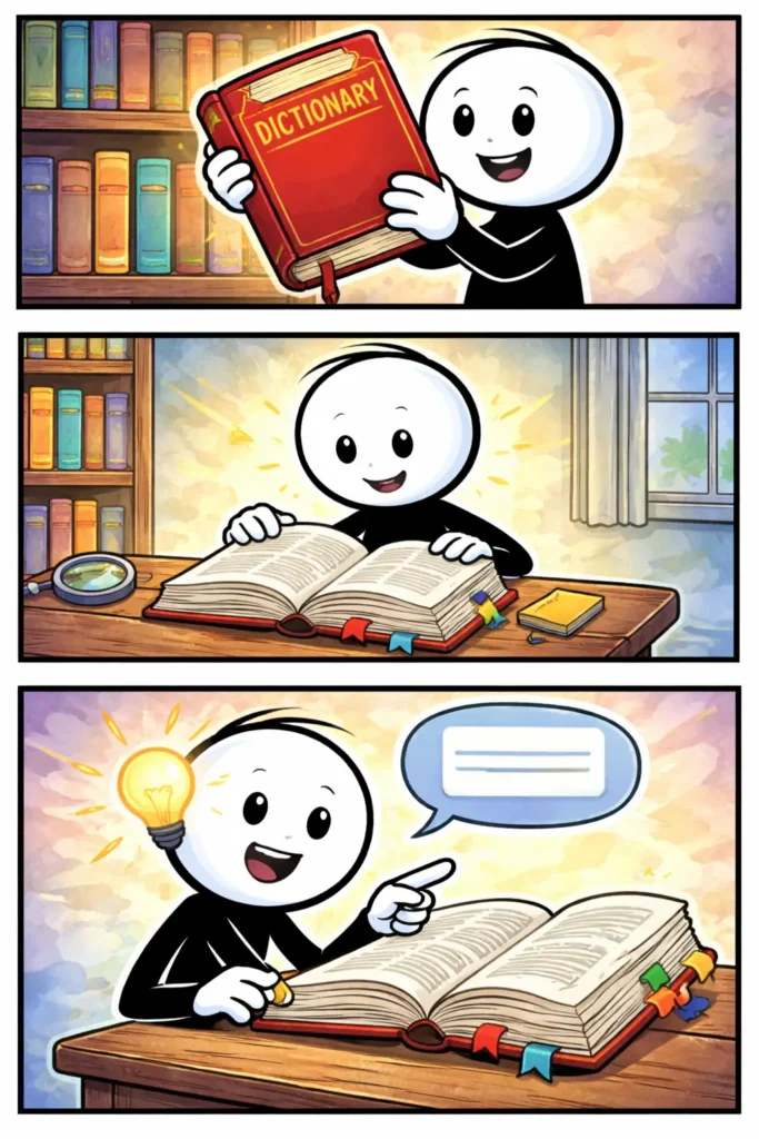 Stripafbeelding met drie panelen van een stickman in Toonwords-stijl die een woordenboek opent, leest en inzicht krijgt in de betekenis van woorden.