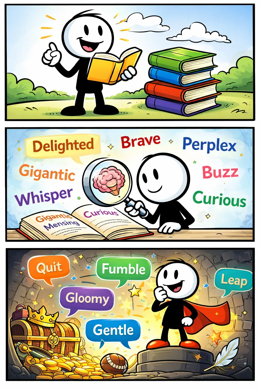 Stripafbeelding met drie panelen van een stickman in Toonwords-stijl die zijn woordenschat ziet groeien door steeds meer woorden te verzamelen.