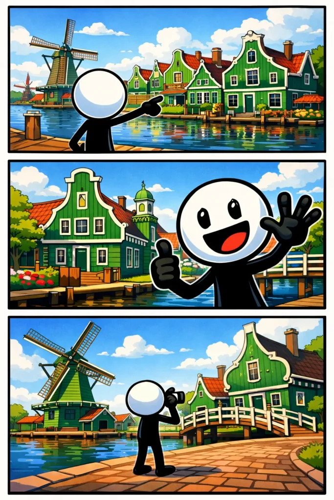 Stripafbeelding met een stickman bij traditionele Zaanse huisjes met groene houten gevels en witte kozijnen in Nederland.