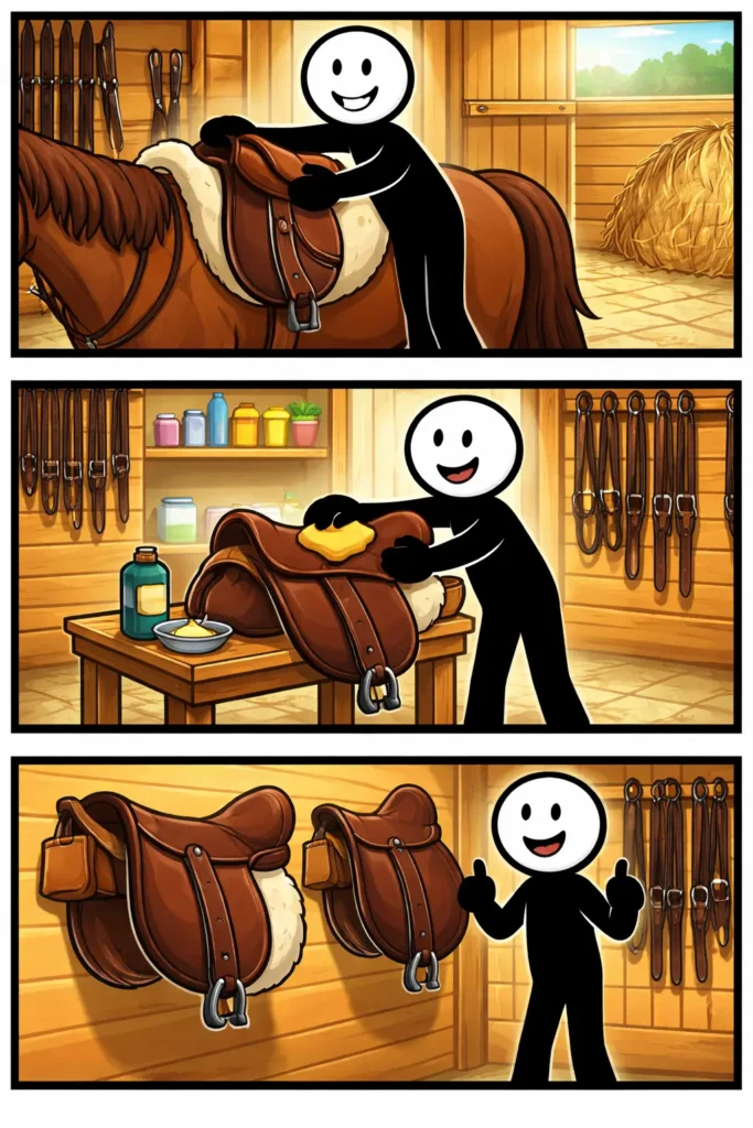 Een stickman plaatst een zadel zodat het Nederlandse woord zadel duidelijk wordt uitgebeeld.