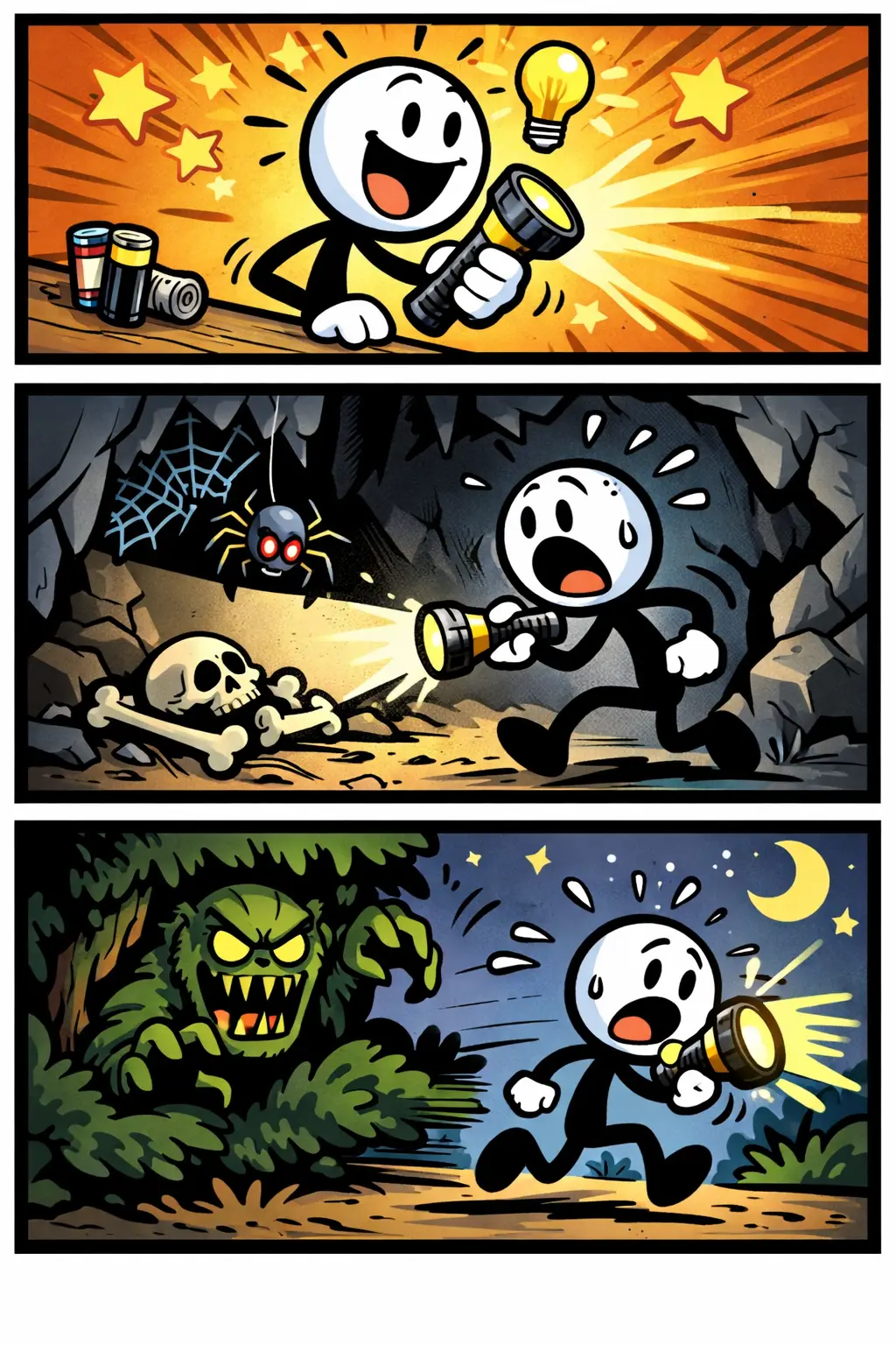 Driepanelige Toonwords-strip met een stickman die een zaklamp gebruikt om in het donker te kijken.