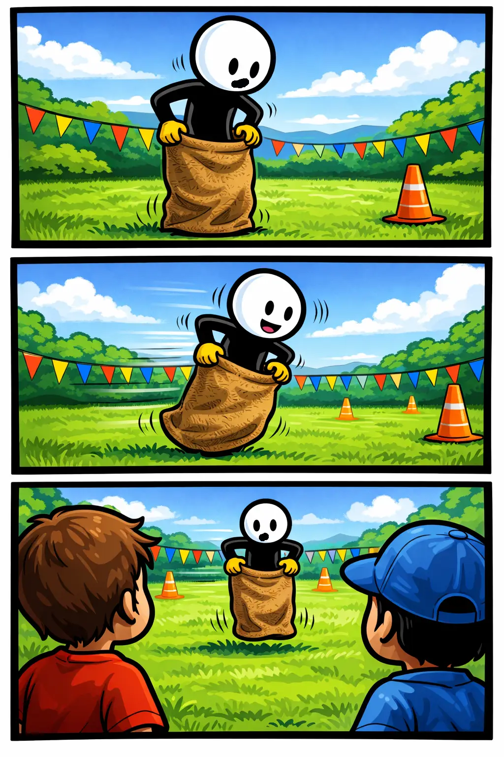 “Stickman doet mee aan zaklopen tijdens een buitenspel, springend vooruit in een jute zak.”