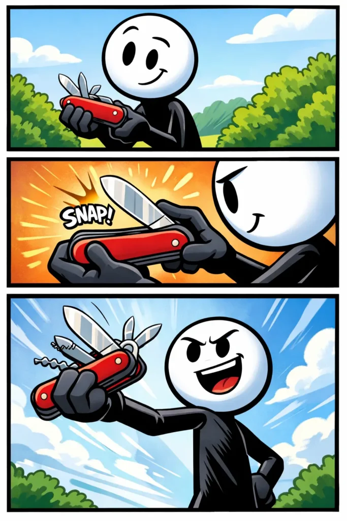 Een Toonwords-stickman die een zakmes opent in drie kleurrijke panelen.