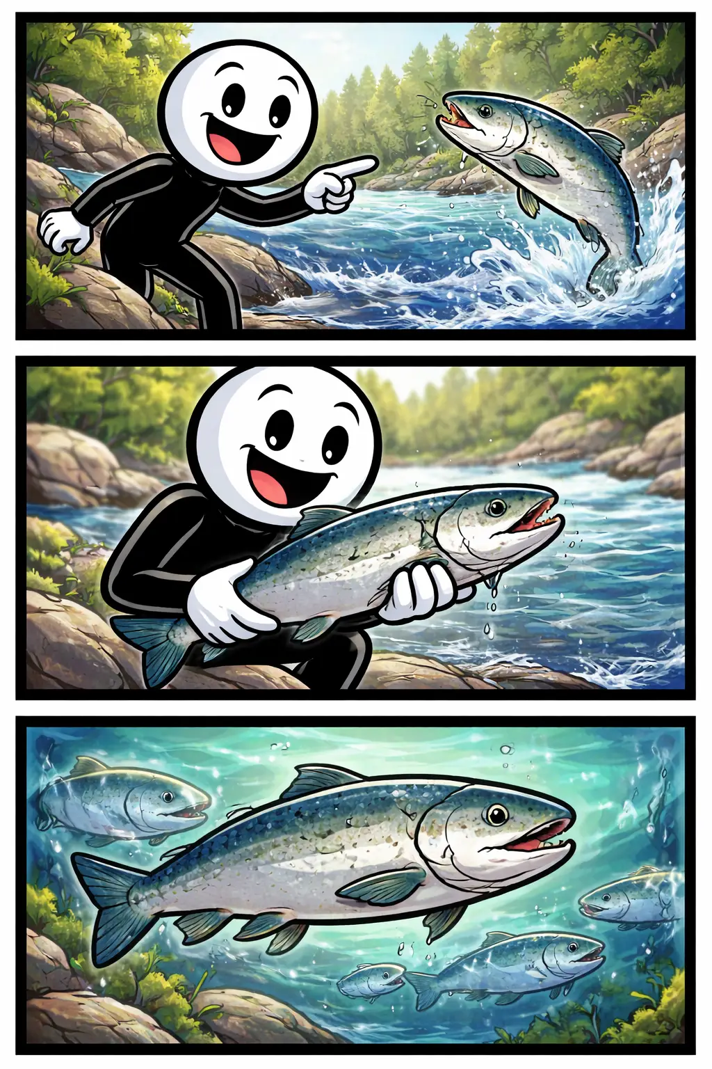 Stickman die een zalm observeert in een drievoudige Toonwords-paneelafbeelding.