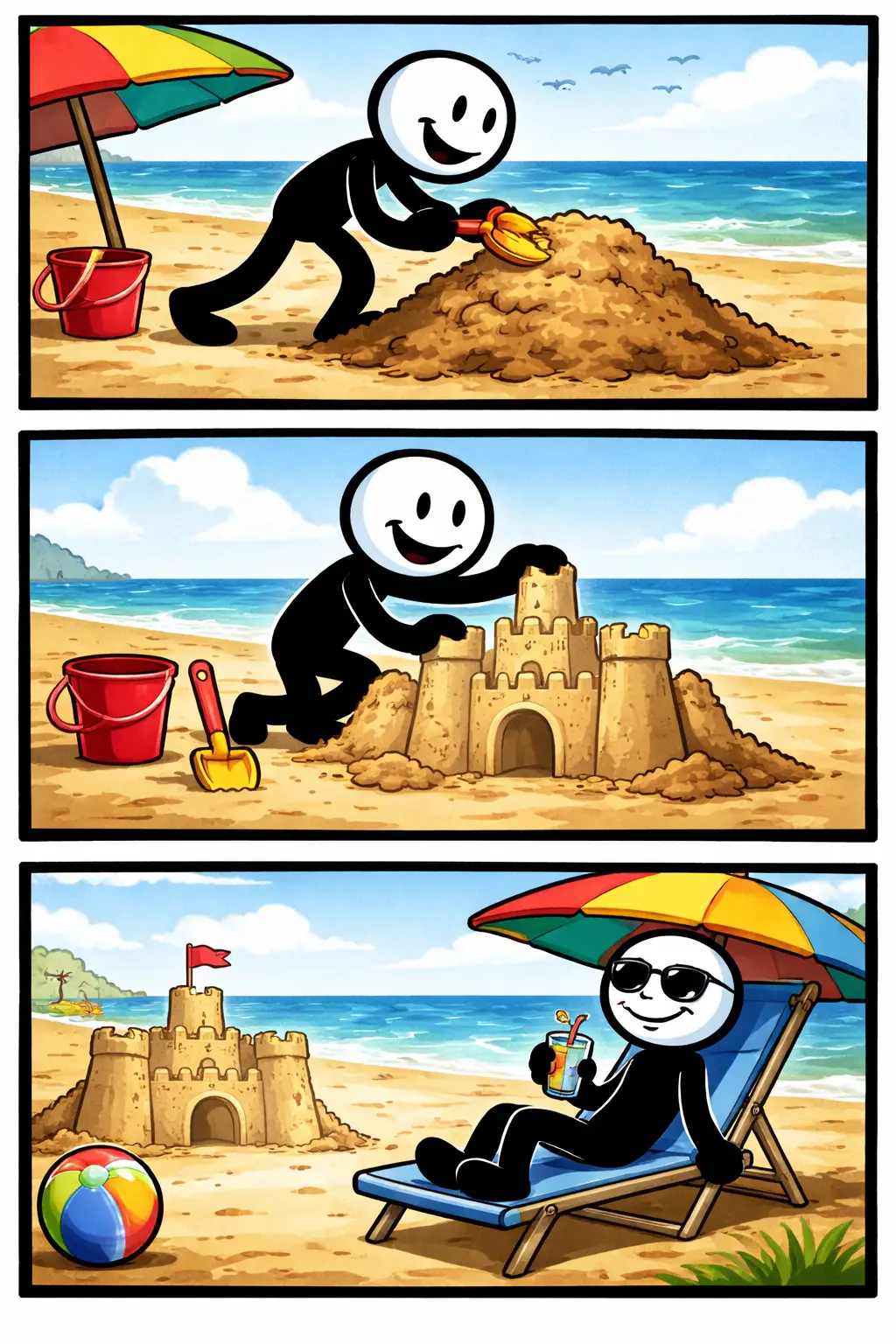 Stick bouwt op het strand met warm zand terwijl een zandkasteel langzaam vorm krijgt.