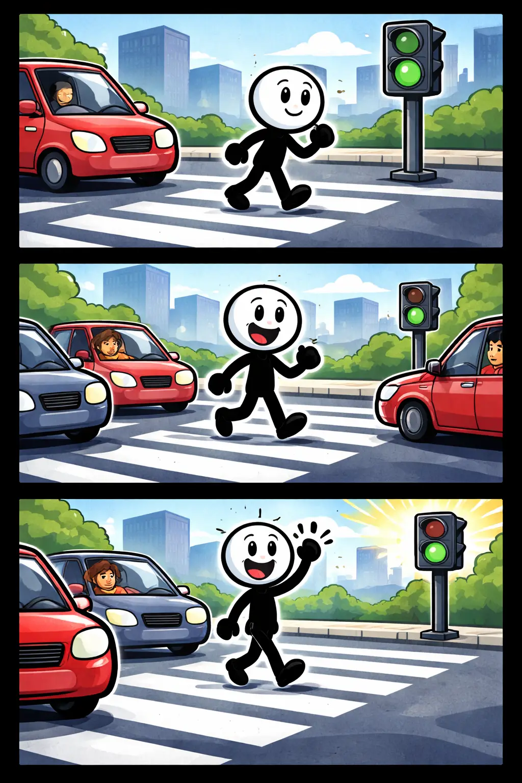 Toonwords-strip met een stickman die een zebrapad oversteekt bij het woord Zebrapad.