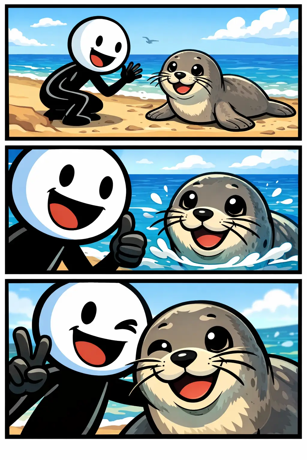 Stickman naast een speelse zeehond op het strand – Toonword zeehond.
