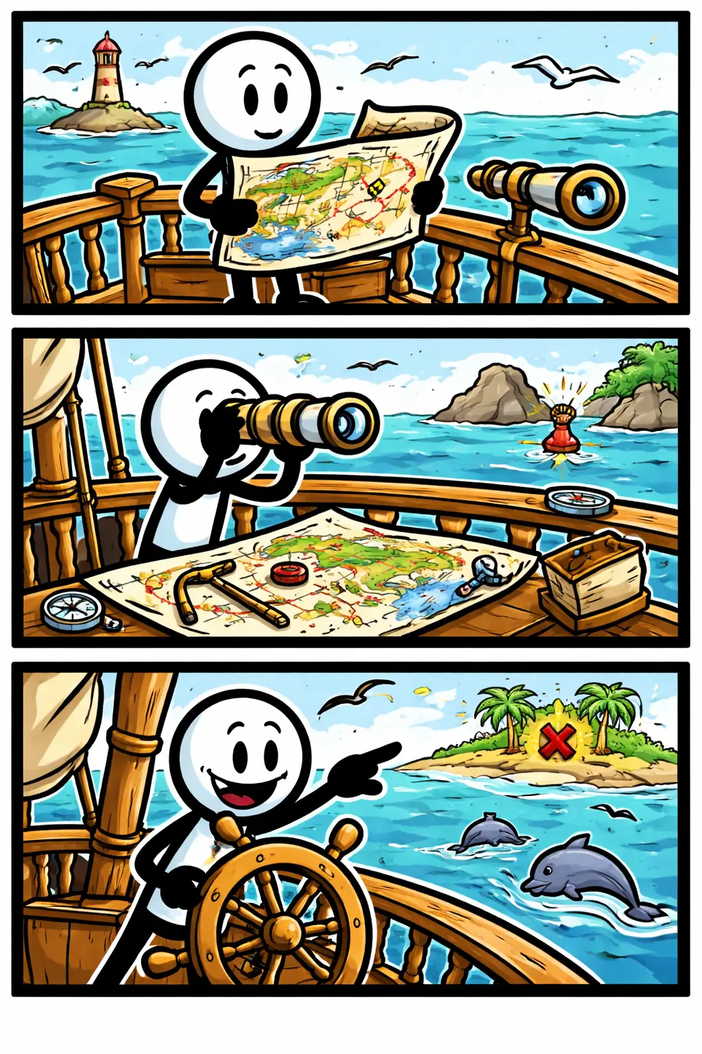 Stripafbeelding met een stickman in Toonwords-stijl die een zeekaart bestudeert en gebruikt voor navigatie op zee, passend bij het woord Zeekaart.