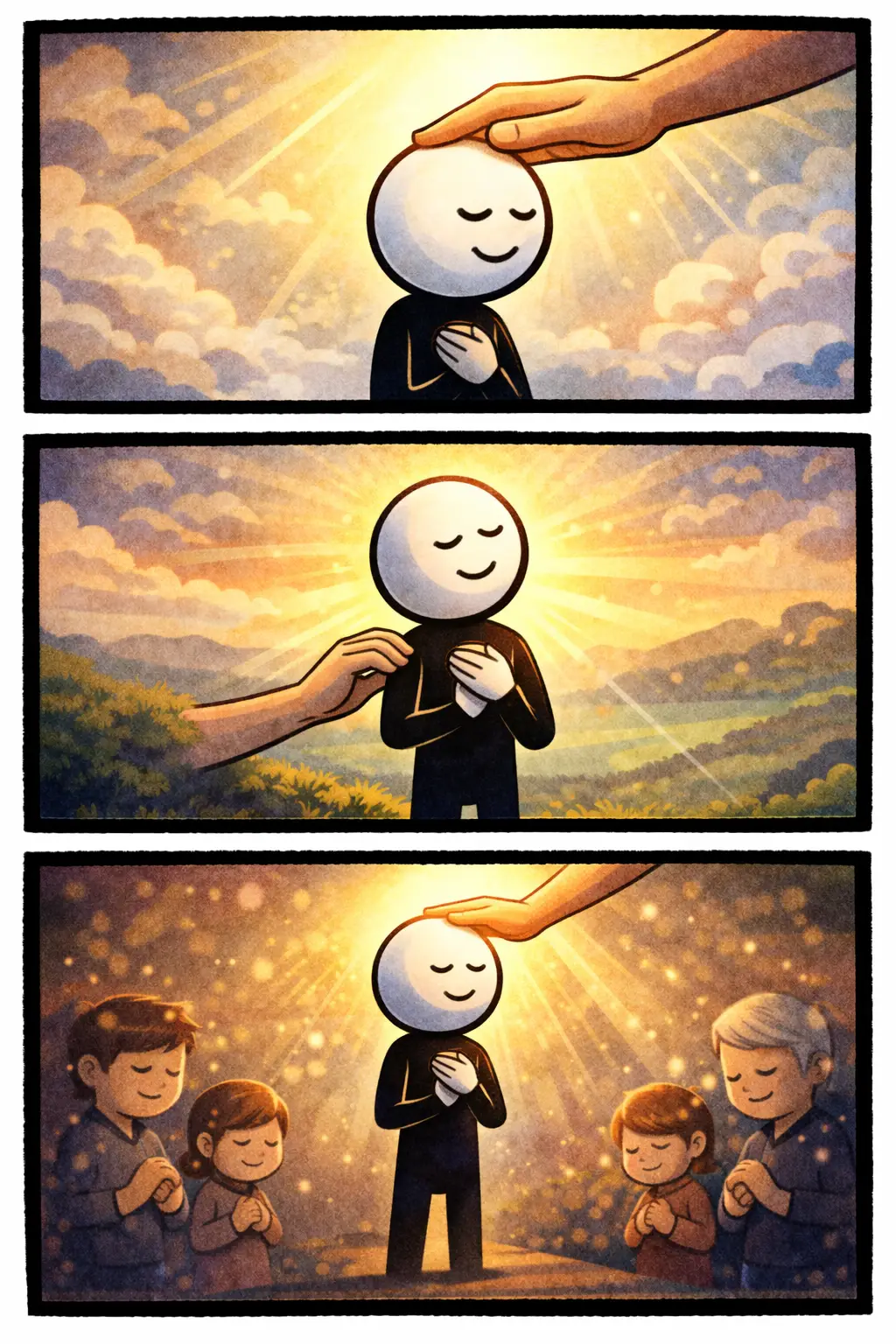 Driepanelenstrip met een stickman in Toonwords-stijl die het woord Zegen toont door een hand, warm licht en een gevoel van rust.