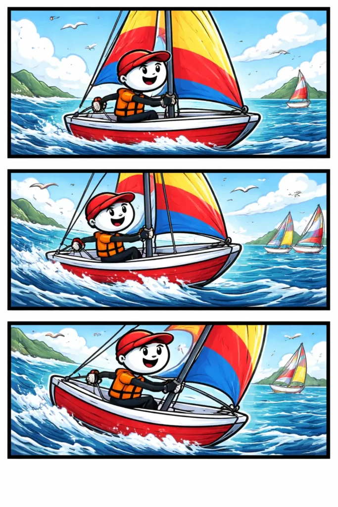 Driepanelenstrip met een stickman die aan het zeilen is op zee met een zeilboot.