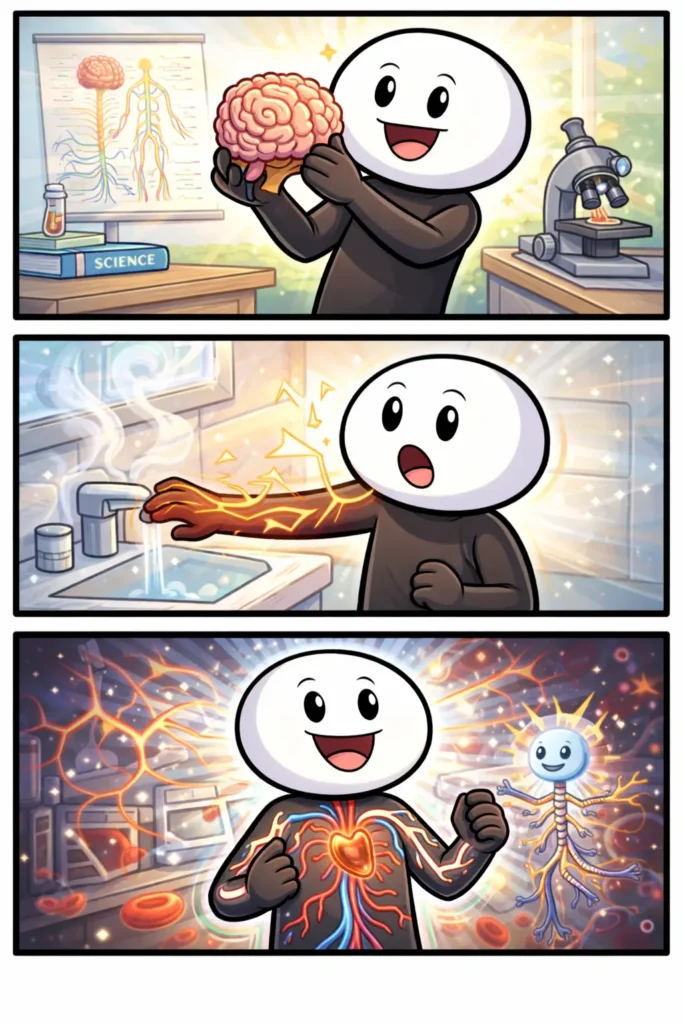 Stickman met zichtbaar zenuwstelsel dat signalen doorgeeft, weergegeven in drie panelen in Toonwords-stijl.