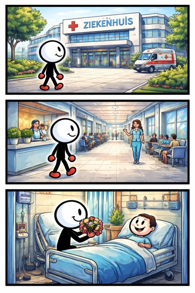 Stripafbeelding van een stickman bij een Ziekenhuis, eerst buiten bij het gebouw, daarna in de hal en tenslotte bij een patiënt in een ziekenhuiskamer.